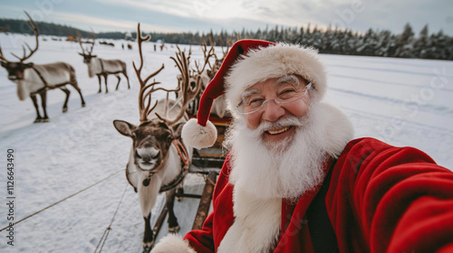 Santa Claus in red suit and his reindeers, making selfie photo. Real Santa Claus in Lapland, Finland. Beautiful white winter scenery.  photo