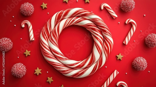 Colorful Cartoon Wreath Made of Candy Canes in Spiral Shape Against a Bright Red Background with Decorative Elements