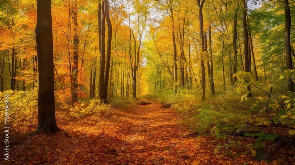 Fototapeta premium Autumn Forest Path Golden Sunlight Dappled Canopy