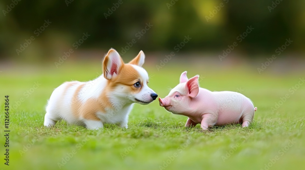 Corgi and Piglet Playing Together in the Grass