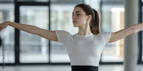 Free Download woman practicing dance in studio, wearing white top and black leggings, with her arms gracefully extended, showcasing focus and elegance in bright, modern space - GFXLoad