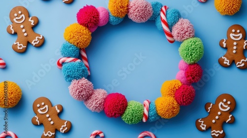Colorful Cartoon-Inspired Wreath Made of Pom Poms and Candy Canes Surrounded by Cheerful Gingerbread Cookies on Blue Background