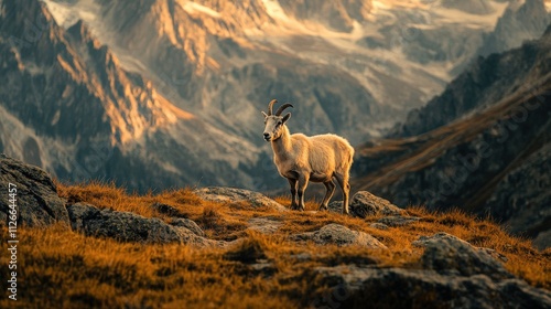 majestic goat standing on rocky terrain in mountainous landscape