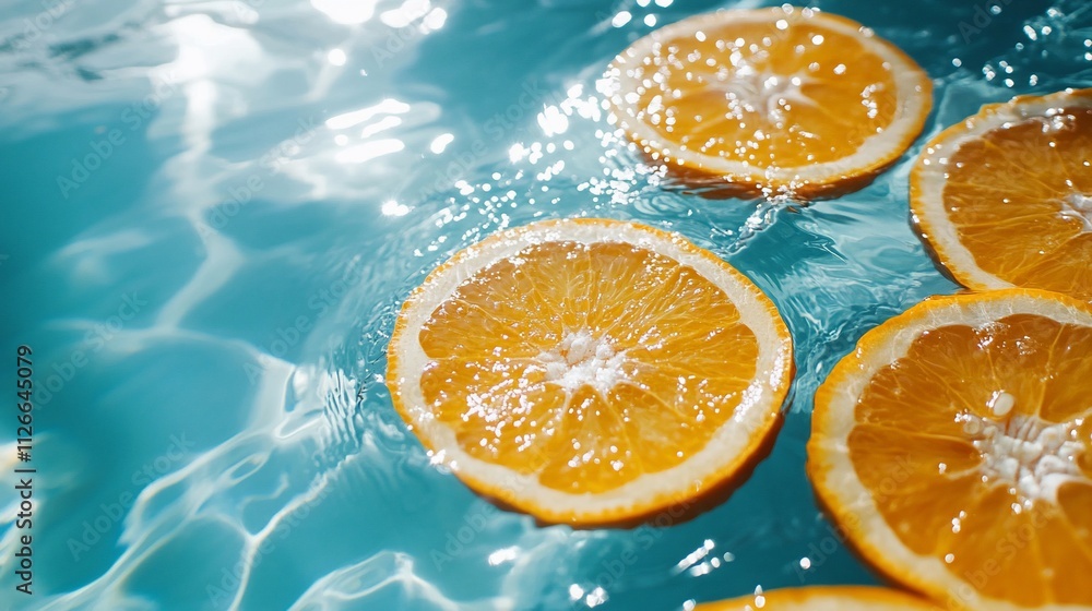Orange slices floating on blue water. Orange slices floating on blue water.