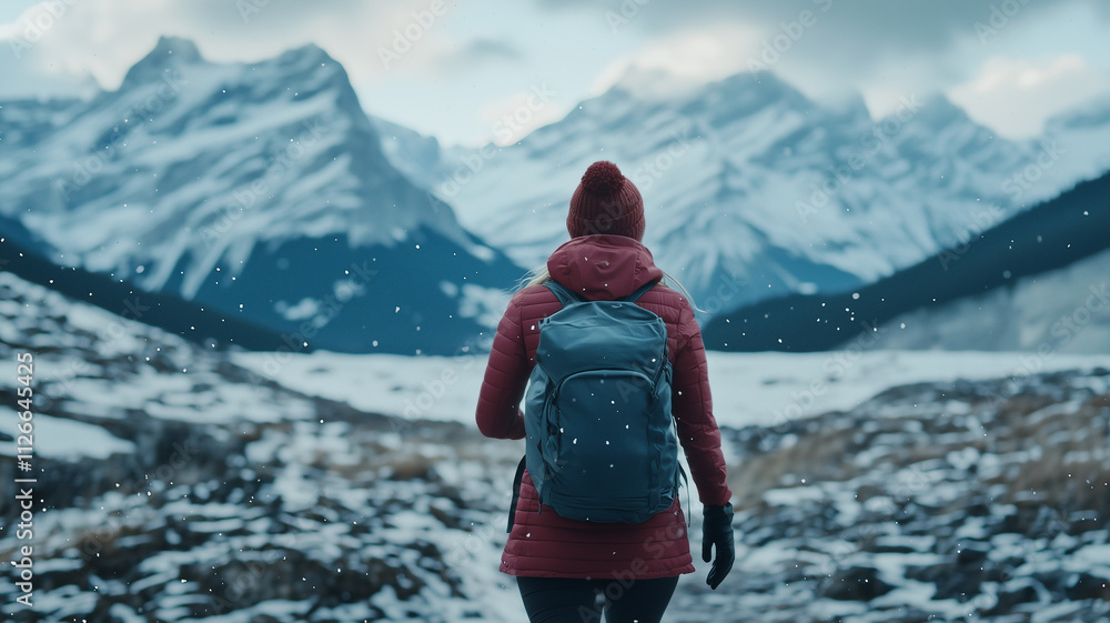 woman wearing red jacket and backpack walks along snowy mountain trail, surrounded by majestic peaks and falling snowflakes, evoking sense of adventure and serenity woman wearing red jacket and backpack walks along snowy mountain trail, surrounded by majestic peaks and falling snowflakes, evoking sense of adventure and serenity