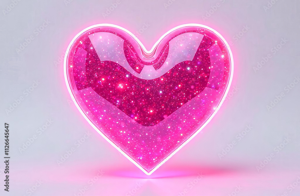 Volumetric transparent neon heart with glitter inside, white background Volumetric transparent neon heart with glitter inside, white background