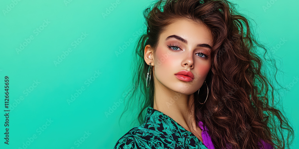 Confident girl, young woman in 90s fashion with trendy makeup and hair style on colored background with copy space Confident girl, young woman in 90s fashion with trendy makeup and hair style on colored background with copy space