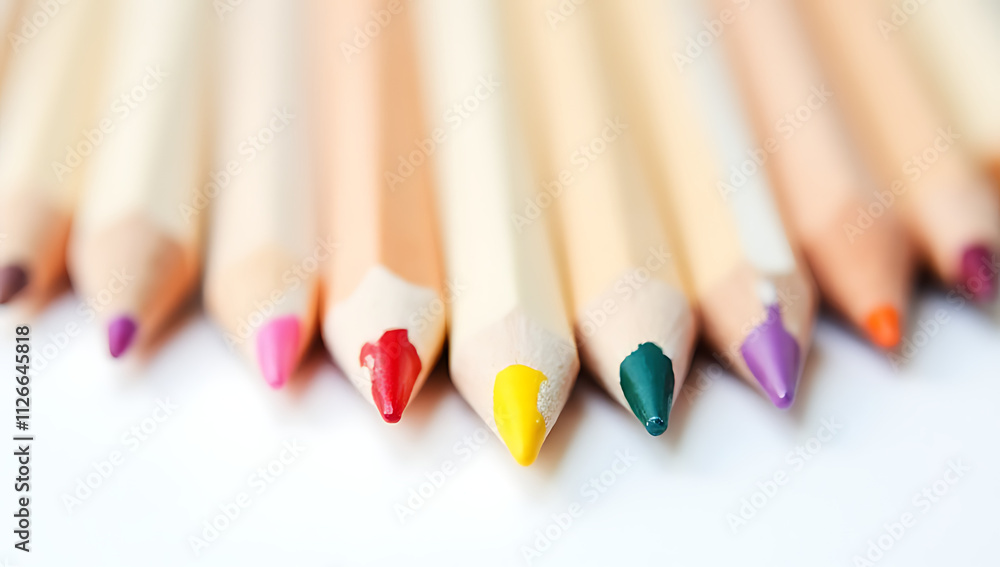 A set of wooden pencils is arranged by color on a clean white surface to demonstrate artistic creativity and learning._00002_ A set of wooden pencils is arranged by color on a clean white surface to demonstrate artistic creativity and learning._00002_