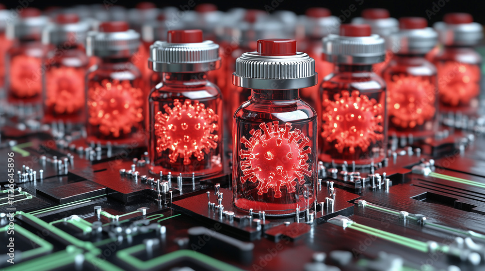 Virus in Vials: A futuristic and conceptual image depicting a cluster of glass vials containing red viruses, placed on a green circuit board. The vials represent a potent threat. Virus in Vials: A futuristic and conceptual image depicting a cluster of glass vials containing red viruses, placed on a green circuit board. The vials represent a potent threat.