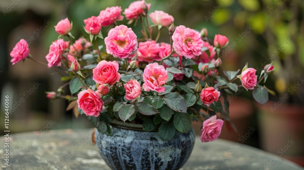 Obraz premium A gorgeous leafless rose plant with bright pink flowers covering its barks in a delicate porcelain pot 