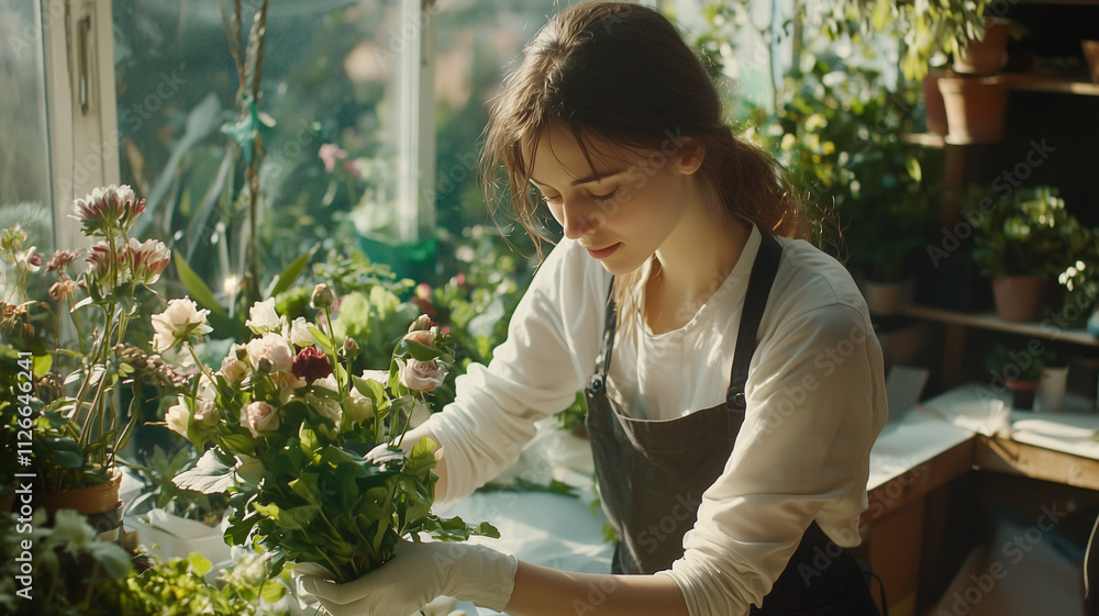 Close up of woman florist arranging bouquet in bright flower shop, surrounded by plants and natural light, creating serene and creative atmosphere Close up of woman florist arranging bouquet in bright flower shop, surrounded by plants and natural light, creating serene and creative atmosphere