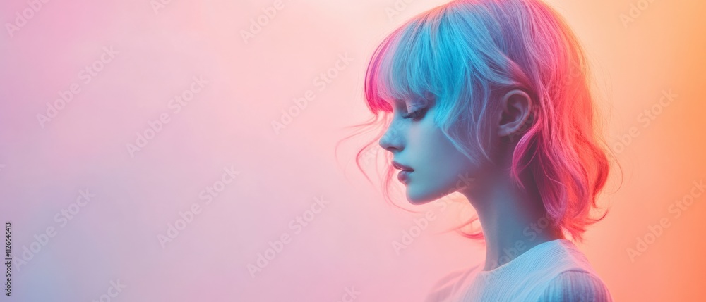 profile of a person with colorful hair in soft lighting profile of a person with colorful hair in soft lighting