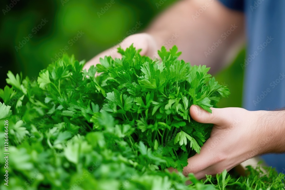 Shopper hand picking fresh, vibrant lettuce leaves in the market Shopper hand picking fresh, vibrant lettuce leaves in the market