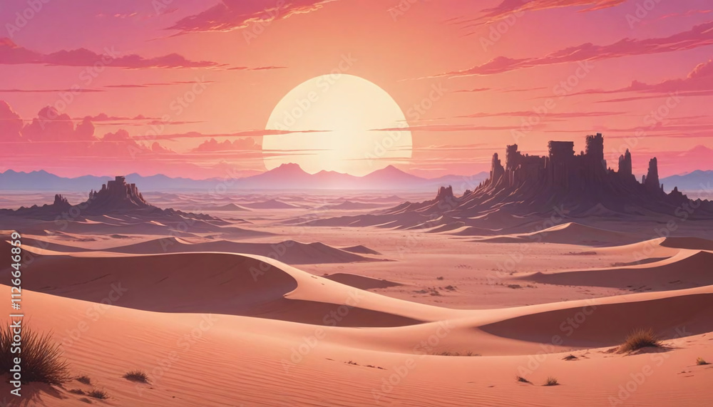Ruins in a Serene Desert Landscape with a Majestic Setting Sun Ruins in a Serene Desert Landscape with a Majestic Setting Sun