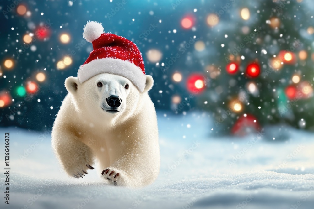 Cheerful Polar Bear Celebrating Christmas in Winter