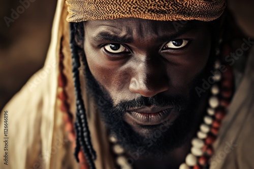 intense portrait of a man with traditional attire and beads photo