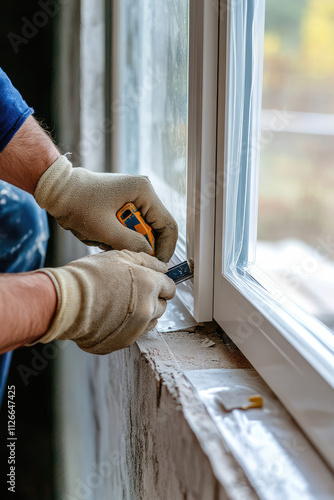 Hands of an employee installing plastic window indoors, closeup. Replacement and repair of double-glazed windows photo