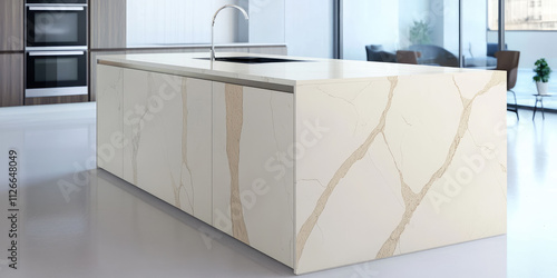 Kitchen island with natural stone marble countertop in kitchen room interior design