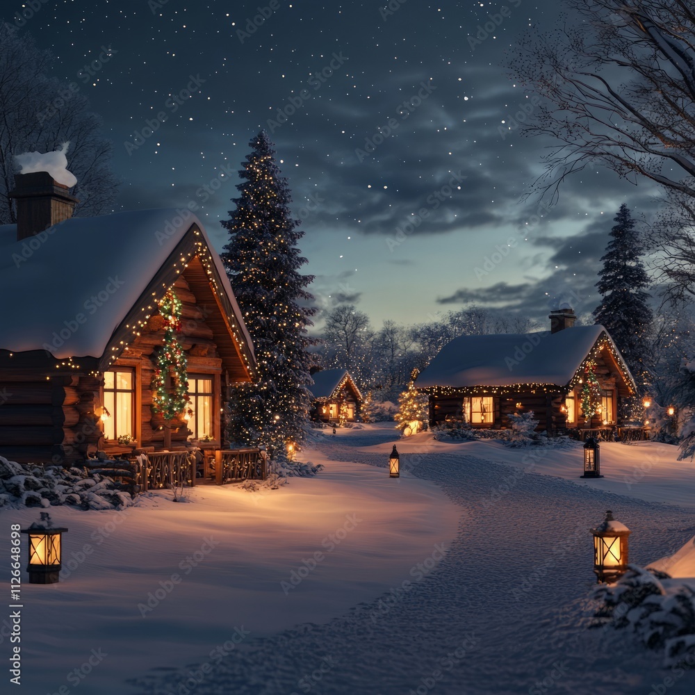 Fototapeta premium Winter wonderland scene featuring cozy cottages nighttime photography snowy landscape peaceful ambiance holiday cheer