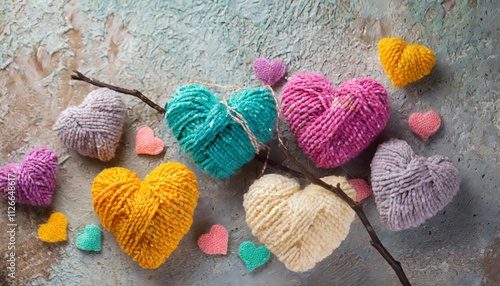 Bunte Strickherzen aus Wolle â€“ Handgemachte, farbenfrohe Herzen fÃ¼r kreative Projekte und Dekoration, ideal fÃ¼r Geschenke, Bastelideen und als liebevolle Akzente in jedem Raum. photo