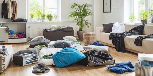 Living room interior with clutter. Scattered things, stains, cleaning service