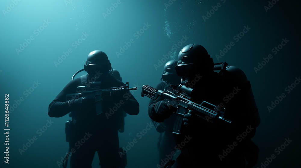 Front view of three special forces in black wet suits and Helmets Diving with Firearms underwater. Front view of three special forces in black wet suits and Helmets Diving with Firearms underwater.