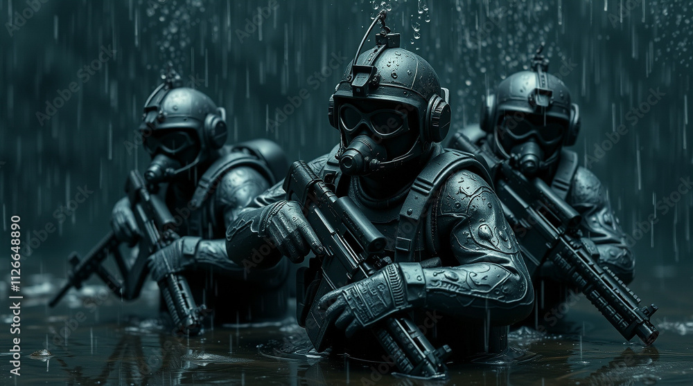 Three special forces operatives, outfitted in black wetsuits and helmets, holding firearms, shown from the front as they dive underwater. Three special forces operatives, outfitted in black wetsuits and helmets, holding firearms, shown from the front as they dive underwater.