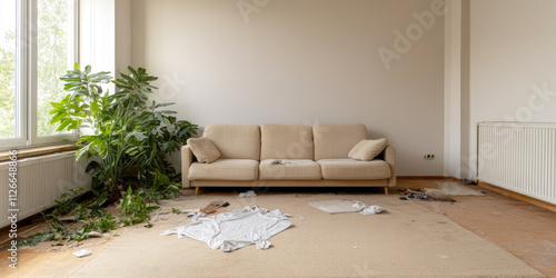 Living room interior with clutter. Scattered things, stains, cleaning service