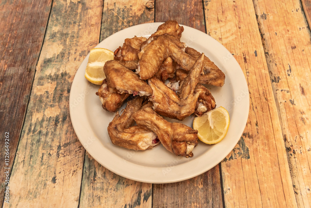 A nice helping of fried chicken wings with a little lemon A nice helping of fried chicken wings with a little lemon