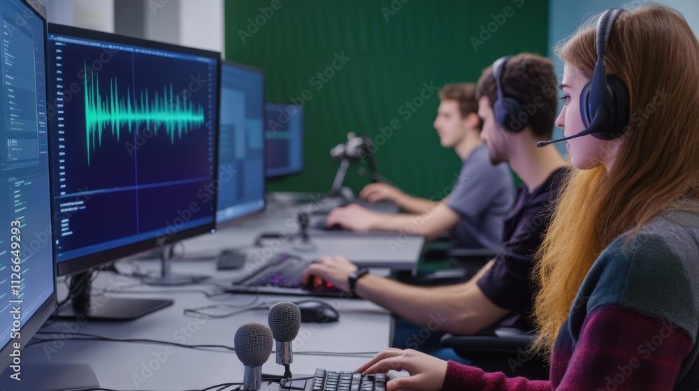 University students collaborating in a modern computer lab, developing voice recognition software with advanced audio wave analysis on monitors, using headphones and microphones. University students collaborating in a modern computer lab, developing voice recognition software with advanced audio wave analysis on monitors, using headphones and microphones.