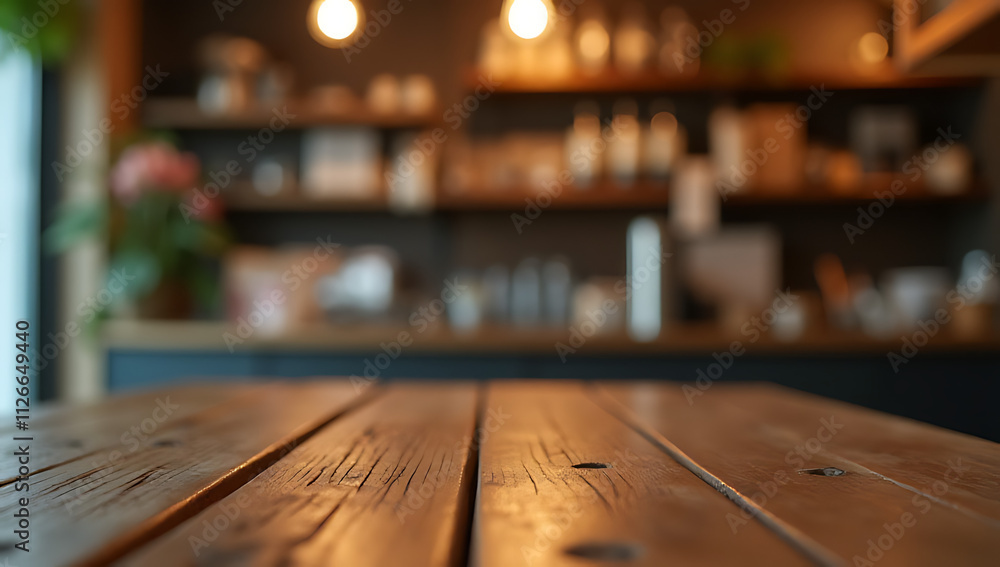 A wood tabletop is partially obscured by a blurred image of a cafe shop counter with a lit light bulb in focus._00002_ A wood tabletop is partially obscured by a blurred image of a cafe shop counter with a lit light bulb in focus._00002_
