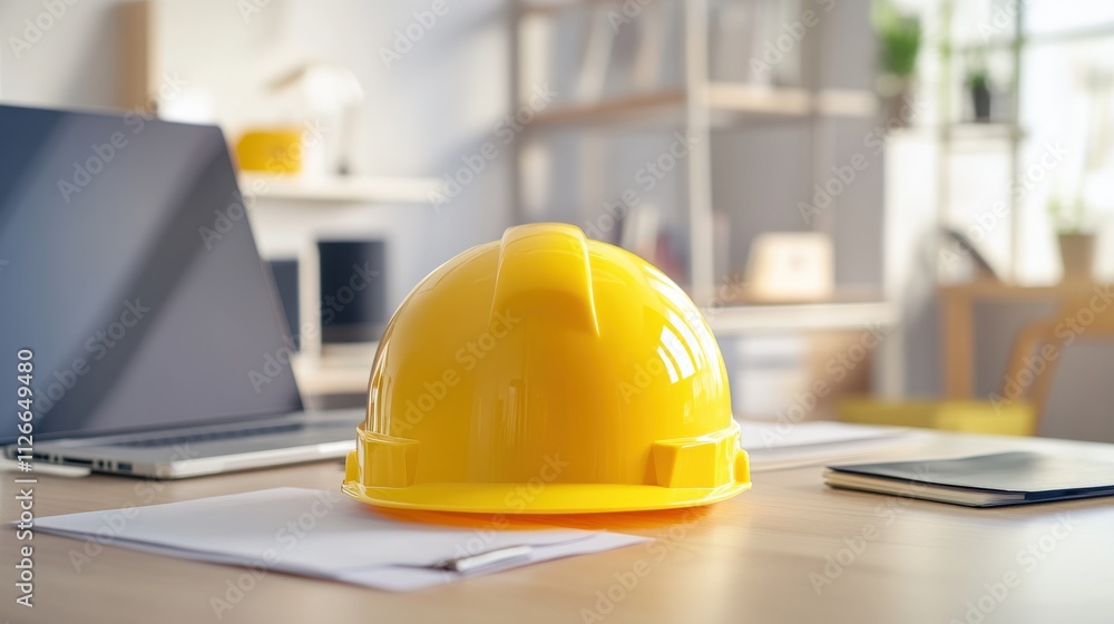 yellow hard hat on a desk with laptop and documents yellow hard hat on a desk with laptop and documents