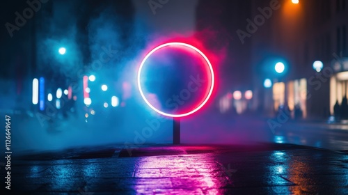 neon light circle in a foggy urban setting at night