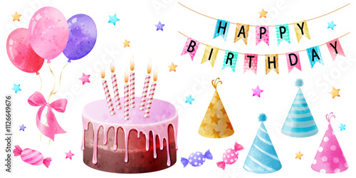 Set of elements for birthday party design. Vector watercolor illustrations