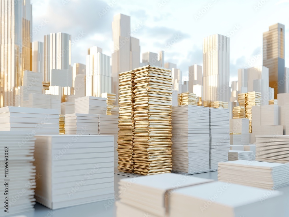 Stacks of white paper and cardboard in a city environment, reflecting modern architecture and industrial materials. Stacks of white paper and cardboard in a city environment, reflecting modern architecture and industrial materials.