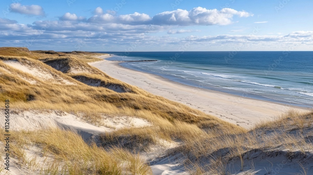 Scenic view of a sandy beach with dunes and a calm ocean under a blue sky. Scenic view of a sandy beach with dunes and a calm ocean under a blue sky.