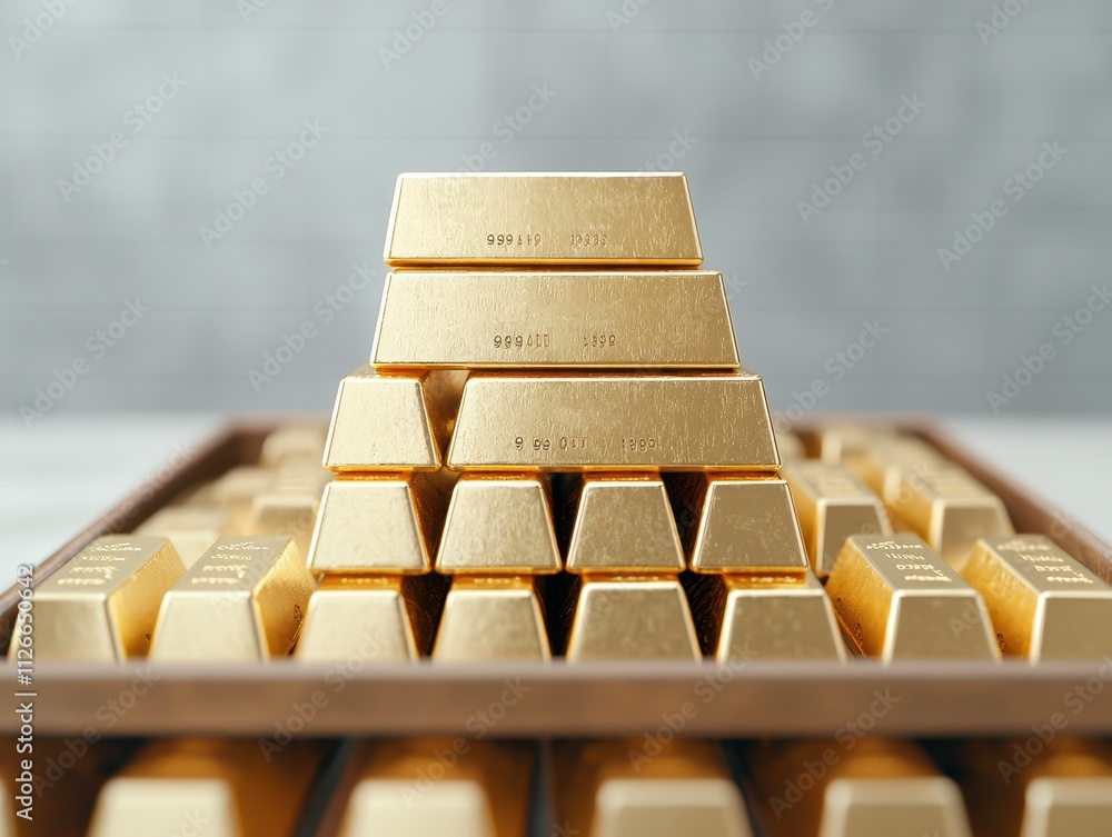Pyramid of gold bars arranged in a wooden tray with a soft-focus background. Pyramid of gold bars arranged in a wooden tray with a soft-focus background.