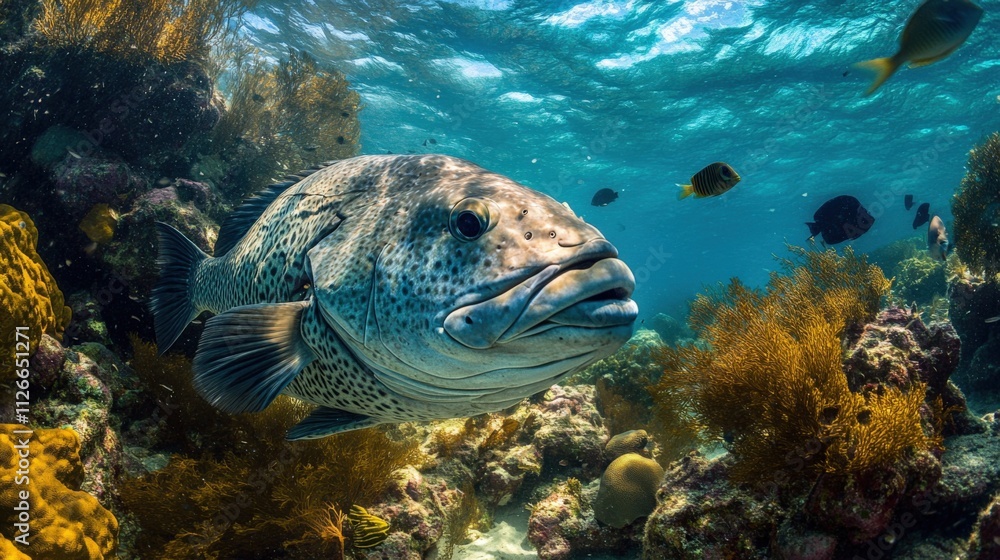 underwater scene featuring a large fish swimming among coral and seaweed underwater scene featuring a large fish swimming among coral and seaweed