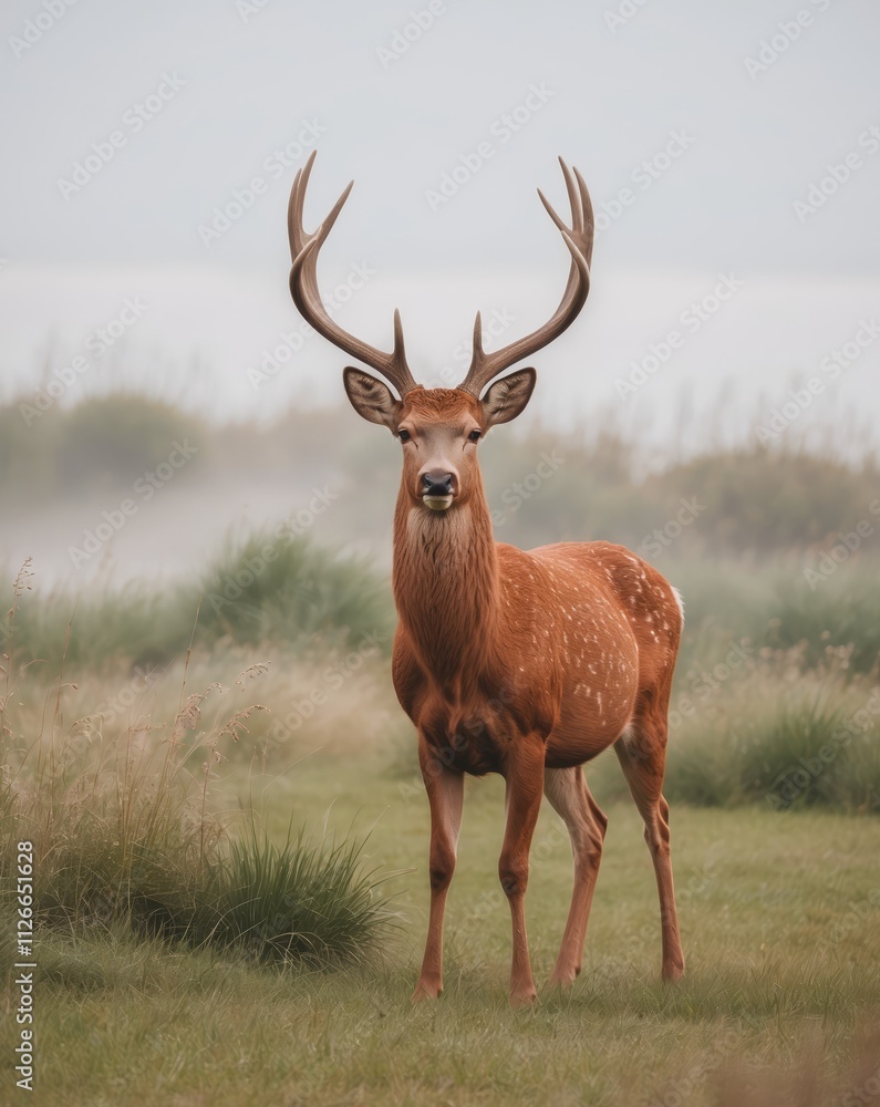 Majestic Red Deer Stands in Coastal Grassland Majestic Red Deer Stands in Coastal Grassland