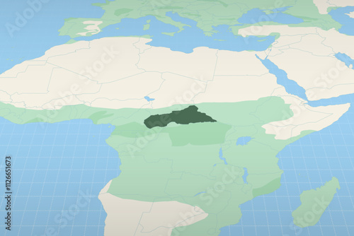 Central African Republic highlighted on a detailed map, geographic location of Central African Republic.