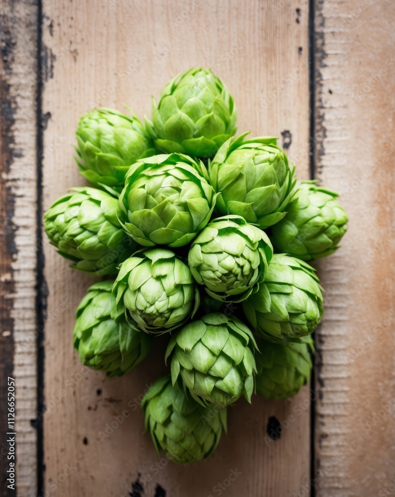 Fresh Green Hops Cones on Rustic Wooden Background for Craft Beer Brewing Inspiration Fresh Green Hops Cones on Rustic Wooden Background for Craft Beer Brewing Inspiration
