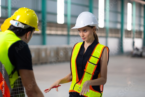 working woman. Caucasian woman warehouse staff Employees worker in Hard Hat working at large warehouse factory. transport and storage of goods. supply chain and delivery. Insustry inventory warehouse photo