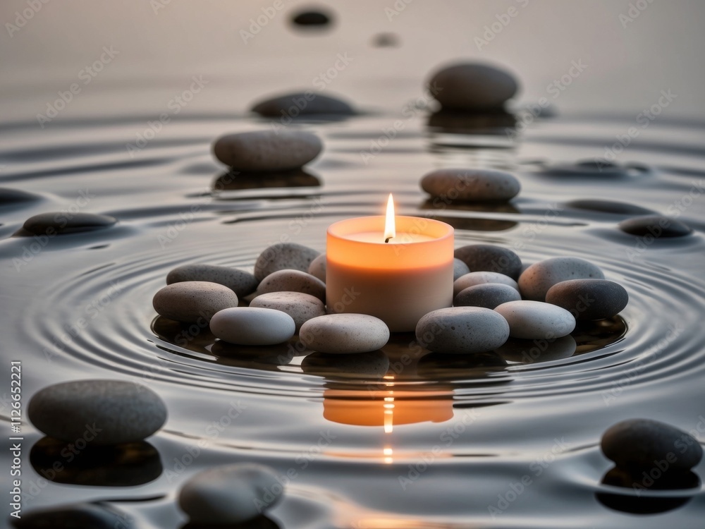 Balanced stones with chic candle in restful waters.