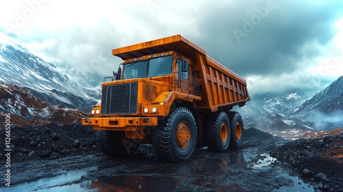 Massive orange mining dump truck operating in rugged mountain terrain under cloudy sky photo