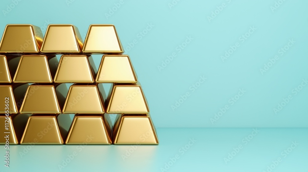 Stacked gold bars gleam against a turquoise background, symbolizing wealth and luxury. Stacked gold bars gleam against a turquoise background, symbolizing wealth and luxury.