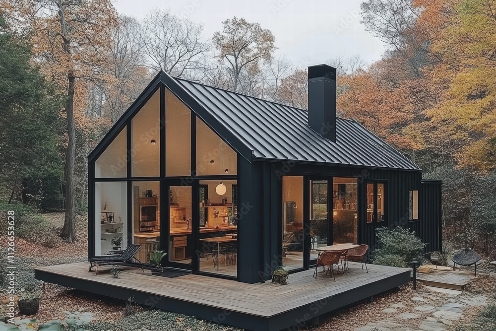 Modern Black Cabin in Autumn Woods Modern Black Cabin in Autumn Woods