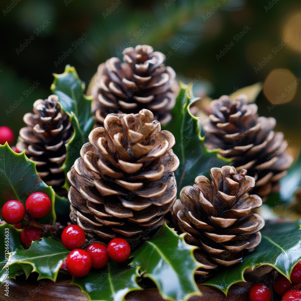festive holiday arrangement with pine cones and berries festive holiday arrangement with pine cones and berries