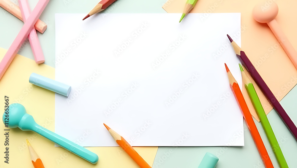 Colorful pencil lies on white notepaper with soft pastel background creating a visually appealing graphic design flat lay image._00001_ Colorful pencil lies on white notepaper with soft pastel background creating a visually appealing graphic design flat lay image._00001_