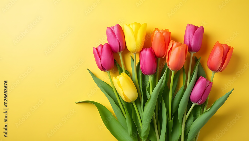 Colorful tulip flower arrangement sits on a flat, vibrant background in a beautifully styled composition._00002_ Colorful tulip flower arrangement sits on a flat, vibrant background in a beautifully styled composition._00002_