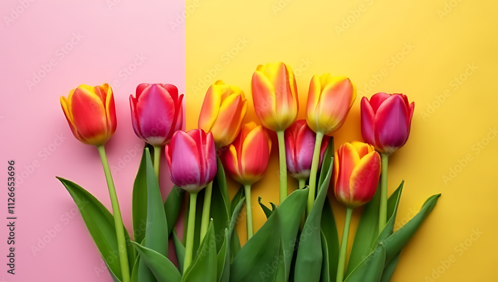 Colorful tulip flower arrangement sits on a flat, vibrant background in a beautifully styled composition._00001_ Colorful tulip flower arrangement sits on a flat, vibrant background in a beautifully styled composition._00001_